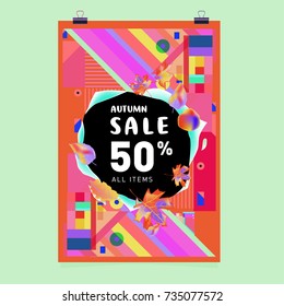 Autumn sale memphis style poster. Fashion and travel discount banner. Vector holiday Abstract colorful illustration with special offer and promotion.