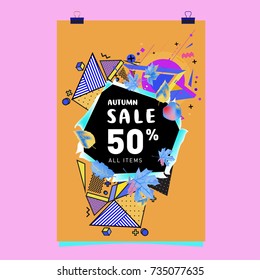 Autumn sale memphis style poster. Fashion and travel discount banner. Vector holiday Abstract colorful illustration with special offer and promotion.