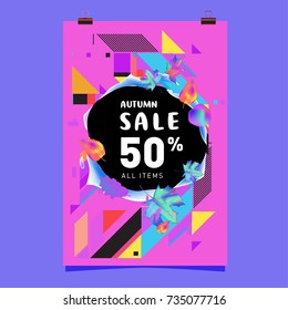 Autumn sale memphis style poster. Fashion and travel discount banner. Vector holiday Abstract colorful illustration with special offer and promotion.