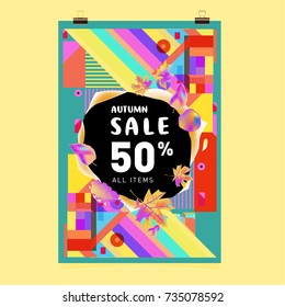 Autumn sale memphis style poster. Fashion and travel discount banner. Vector holiday Abstract colorful illustration with special offer and promotion.