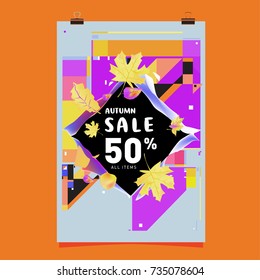 Autumn sale memphis style poster. Fashion and travel discount banner. Vector holiday Abstract colorful illustration with special offer and promotion.