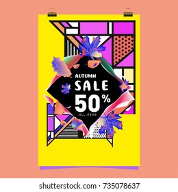 Autumn sale memphis style poster. Fashion and travel discount banner. Vector holiday Abstract colorful illustration with special offer and promotion.