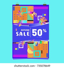 Autumn sale memphis style poster. Fashion and travel discount banner. Vector holiday Abstract colorful illustration with special offer and promotion.