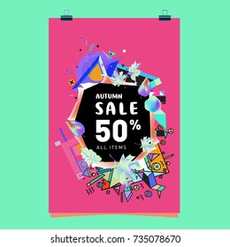 Autumn sale memphis style poster. Fashion and travel discount banner. Vector holiday Abstract colorful illustration with special offer and promotion.