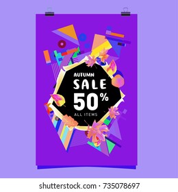 Autumn sale memphis style poster. Fashion and travel discount banner. Vector holiday Abstract colorful illustration with special offer and promotion.