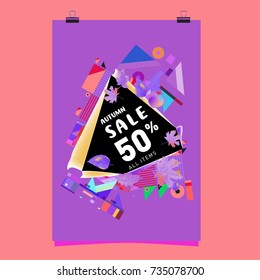 Autumn sale memphis style poster. Fashion and travel discount banner. Vector holiday Abstract colorful illustration with special offer and promotion.