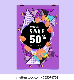 Autumn sale memphis style poster. Fashion and travel discount banner. Vector holiday Abstract colorful illustration with special offer and promotion.