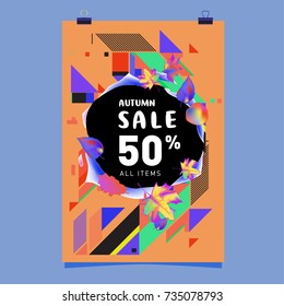 Autumn sale memphis style poster. Fashion and travel discount banner. Vector holiday Abstract colorful illustration with special offer and promotion.