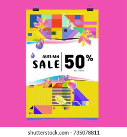 Autumn sale memphis style poster. Fashion and travel discount banner. Vector holiday Abstract colorful illustration with special offer and promotion.