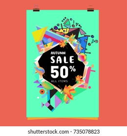 Autumn sale memphis style poster. Fashion and travel discount banner. Vector holiday Abstract colorful illustration with special offer and promotion.