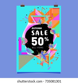 Autumn sale memphis style poster. Fashion and travel discount banner. Vector holiday Abstract colorful illustration with special offer and promotion.