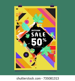 Autumn sale memphis style poster. Fashion and travel discount banner. Vector holiday Abstract colorful illustration with special offer and promotion.