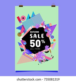 Autumn sale memphis style poster. Fashion and travel discount banner. Vector holiday Abstract colorful illustration with special offer and promotion.