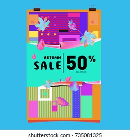 Autumn sale memphis style poster. Fashion and travel discount banner. Vector holiday Abstract colorful illustration with special offer and promotion.