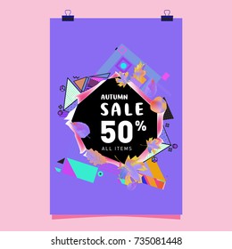 Autumn sale memphis style poster. Fashion and travel discount banner. Vector holiday Abstract colorful illustration with special offer and promotion.