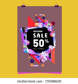 Autumn sale memphis style poster. Fashion and travel discount banner. Vector holiday Abstract colorful illustration with special offer and promotion.