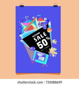 Autumn sale memphis style poster. Fashion and travel discount banner. Vector holiday Abstract colorful illustration with special offer and promotion.