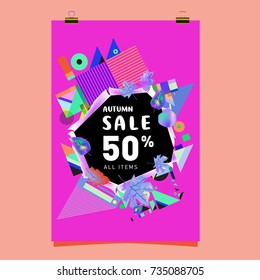 Autumn sale memphis style poster. Fashion and travel discount banner. Vector holiday Abstract colorful illustration with special offer and promotion.