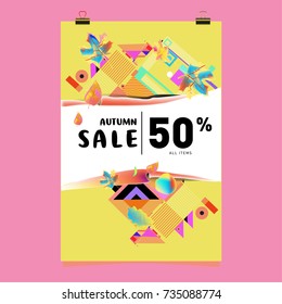 Autumn sale memphis style poster. Fashion and travel discount banner. Vector holiday Abstract colorful illustration with special offer and promotion.