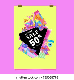 Autumn sale memphis style poster. Fashion and travel discount banner. Vector holiday Abstract colorful illustration with special offer and promotion.