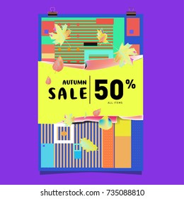 Autumn sale memphis style poster. Fashion and travel discount banner. Vector holiday Abstract colorful illustration with special offer and promotion.