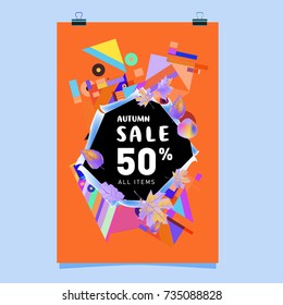 Autumn sale memphis style poster. Fashion and travel discount banner. Vector holiday Abstract colorful illustration with special offer and promotion.
