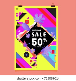 Autumn sale memphis style poster. Fashion and travel discount banner. Vector holiday Abstract colorful illustration with special offer and promotion.