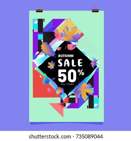 Autumn sale memphis style poster. Fashion and travel discount banner. Vector holiday Abstract colorful illustration with special offer and promotion.