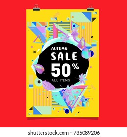 Autumn sale memphis style poster. Fashion and travel discount banner. Vector holiday Abstract colorful illustration with special offer and promotion.