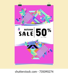 Autumn sale memphis style poster. Fashion and travel discount banner. Vector holiday Abstract colorful illustration with special offer and promotion.