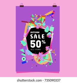 Autumn sale memphis style poster. Fashion and travel discount banner. Vector holiday Abstract colorful illustration with special offer and promotion.