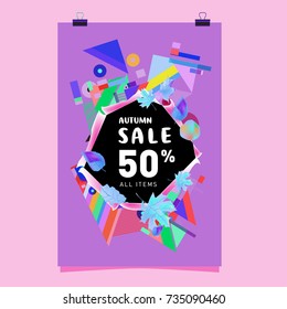 Autumn sale memphis style poster. Fashion and travel discount banner. Vector holiday Abstract colorful illustration with special offer and promotion.