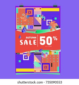 Autumn sale memphis style poster. Fashion and travel discount banner. Vector holiday Abstract colorful illustration with special offer and promotion.