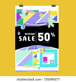 Autumn sale memphis style poster. Fashion and travel discount banner. Vector holiday Abstract colorful illustration with special offer and promotion.