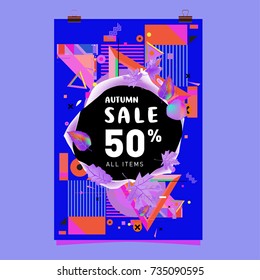 Autumn sale memphis style poster. Fashion and travel discount banner. Vector holiday Abstract colorful illustration with special offer and promotion.