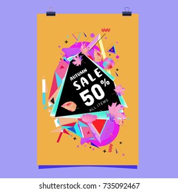 Autumn sale memphis style poster. Fashion and travel discount banner. Vector holiday Abstract colorful illustration with special offer and promotion.