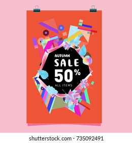 Autumn sale memphis style poster. Fashion and travel discount banner. Vector holiday Abstract colorful illustration with special offer and promotion.