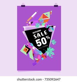 Autumn sale memphis style poster. Fashion and travel discount banner. Vector holiday Abstract colorful illustration with special offer and promotion.