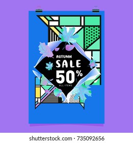 Autumn sale memphis style poster. Fashion and travel discount banner. Vector holiday Abstract colorful illustration with special offer and promotion.