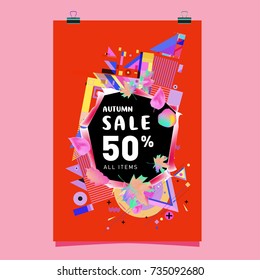 Autumn sale memphis style poster. Fashion and travel discount banner. Vector holiday Abstract colorful illustration with special offer and promotion.