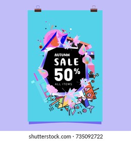 Autumn sale memphis style poster. Fashion and travel discount banner. Vector holiday Abstract colorful illustration with special offer and promotion.