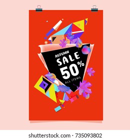 Autumn sale memphis style poster. Fashion and travel discount banner. Vector holiday Abstract colorful illustration with special offer and promotion.