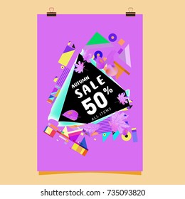 Autumn sale memphis style poster. Fashion and travel discount banner. Vector holiday Abstract colorful illustration with special offer and promotion.