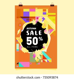 Autumn sale memphis style poster. Fashion and travel discount banner. Vector holiday Abstract colorful illustration with special offer and promotion.