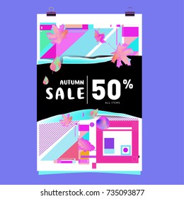 Autumn sale memphis style poster. Fashion and travel discount banner. Vector holiday Abstract colorful illustration with special offer and promotion.