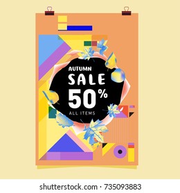 Autumn sale memphis style poster. Fashion and travel discount banner. Vector holiday Abstract colorful illustration with special offer and promotion.