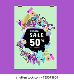 Autumn sale memphis style poster. Fashion and travel discount banner. Vector holiday Abstract colorful illustration with special offer and promotion.