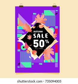 Autumn sale memphis style poster. Fashion and travel discount banner. Vector holiday Abstract colorful illustration with special offer and promotion.