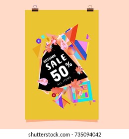 Autumn sale memphis style poster. Fashion and travel discount banner. Vector holiday Abstract colorful illustration with special offer and promotion.