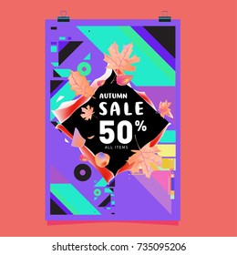 Autumn sale memphis style poster. Fashion and travel discount banner. Vector holiday Abstract colorful illustration with special offer and promotion.